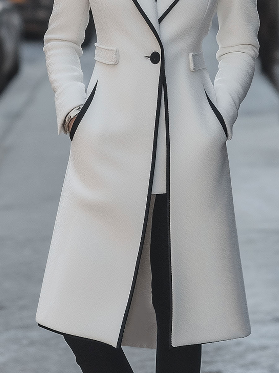 Chic Contrast-Trimmed Long White Coat